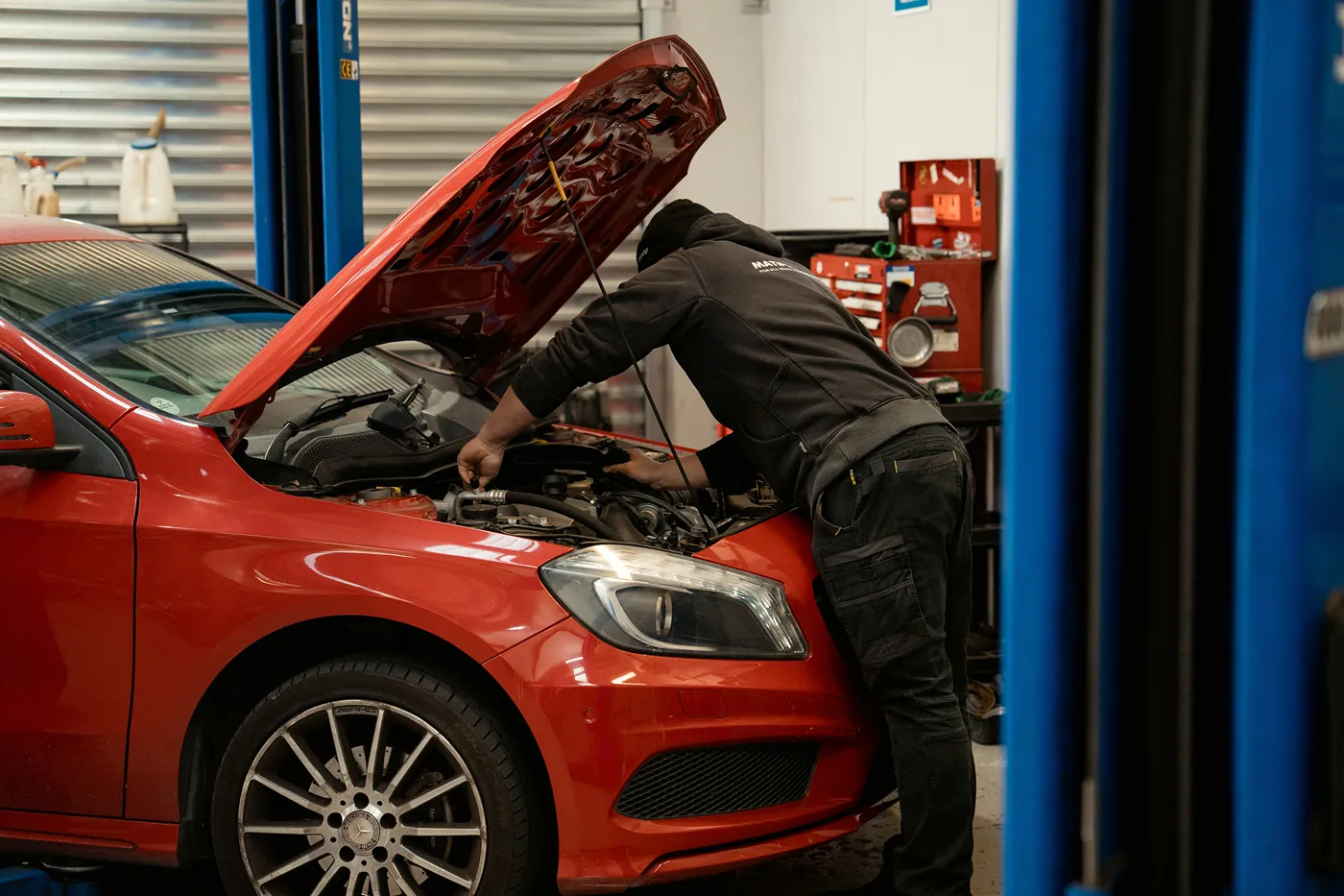 Vehicle up on the hoist for a full service at Matipo Garage